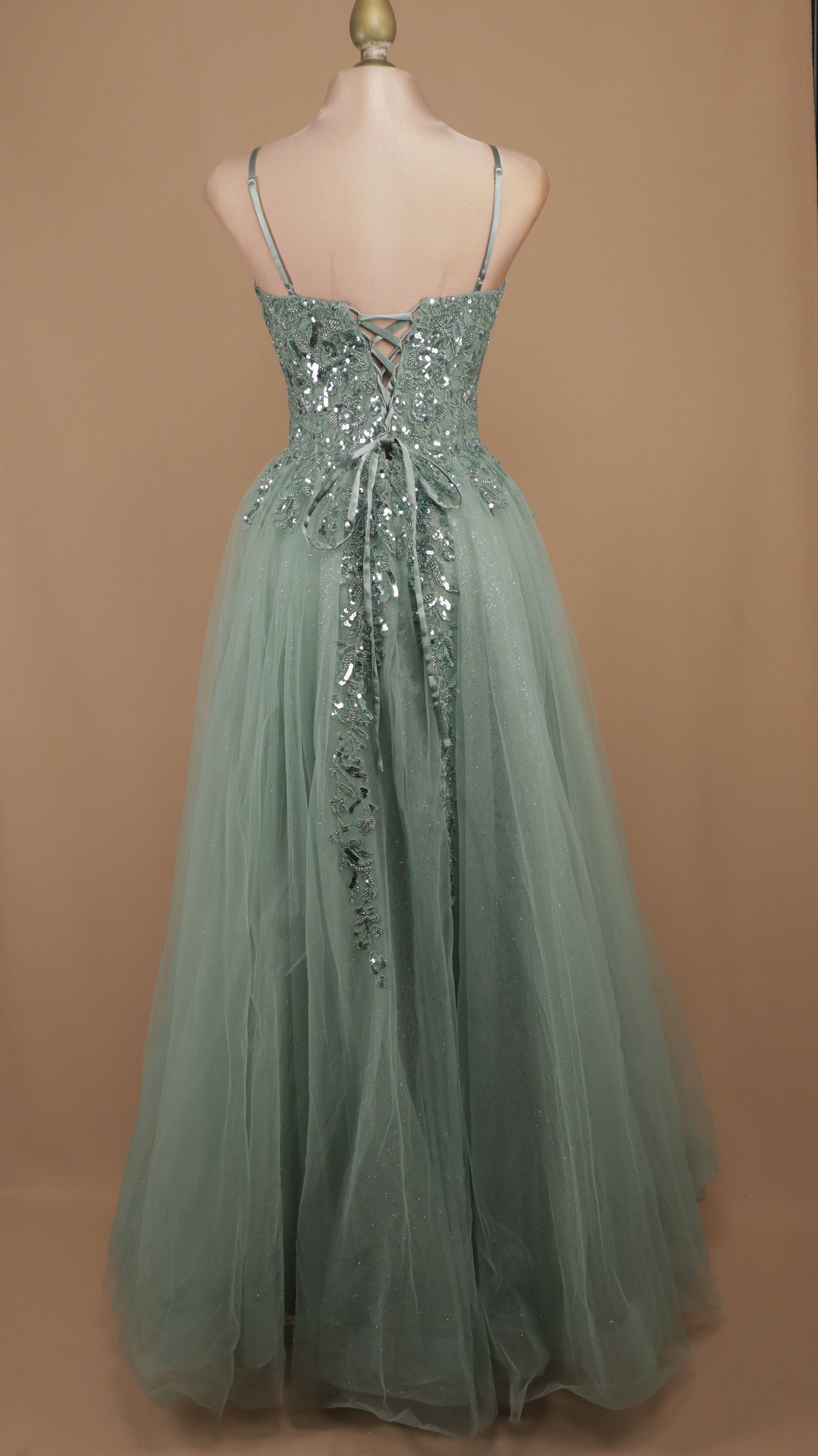 Vestido largo de tull corte princesa con aplicación