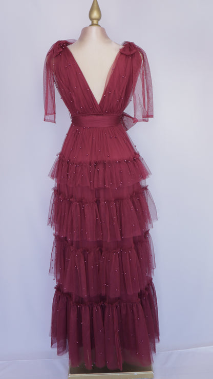 Vestido largo de tul con perlas
