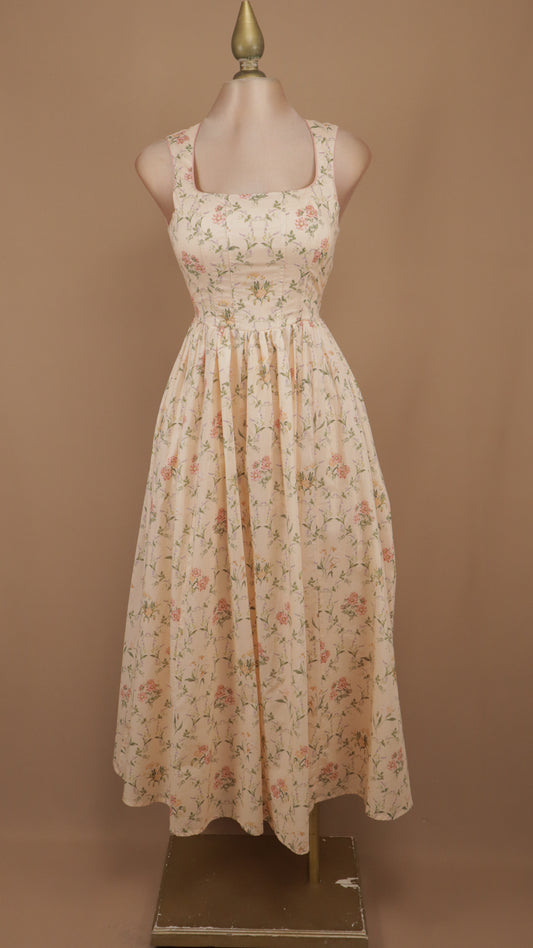 Vestido midi A-Line estilo cottagecore con cuello cuadrado y estampado mini floral