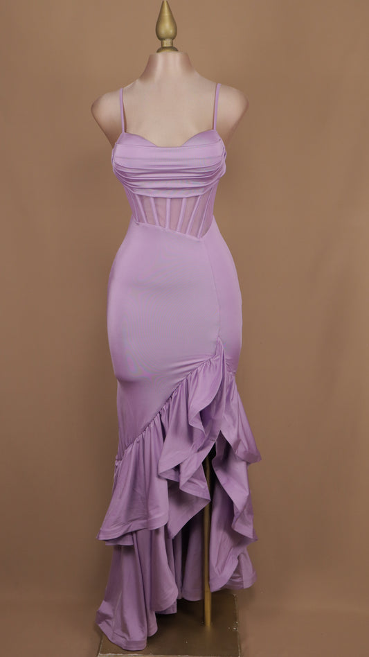 Vestido largo de licra con escarola