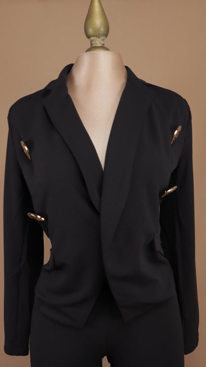 Conjunto sastre elegante de dos piezas: Blazer entallado con doble botonadura dorada y pantalón de pierna ancha