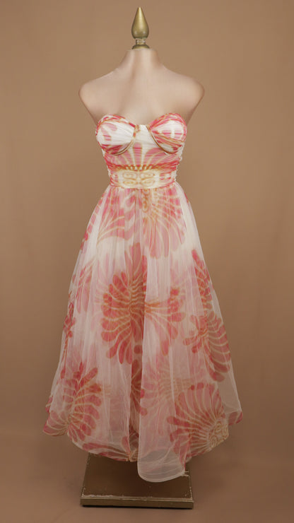 Vestido midi vintage de tull con escote bustier y estampado