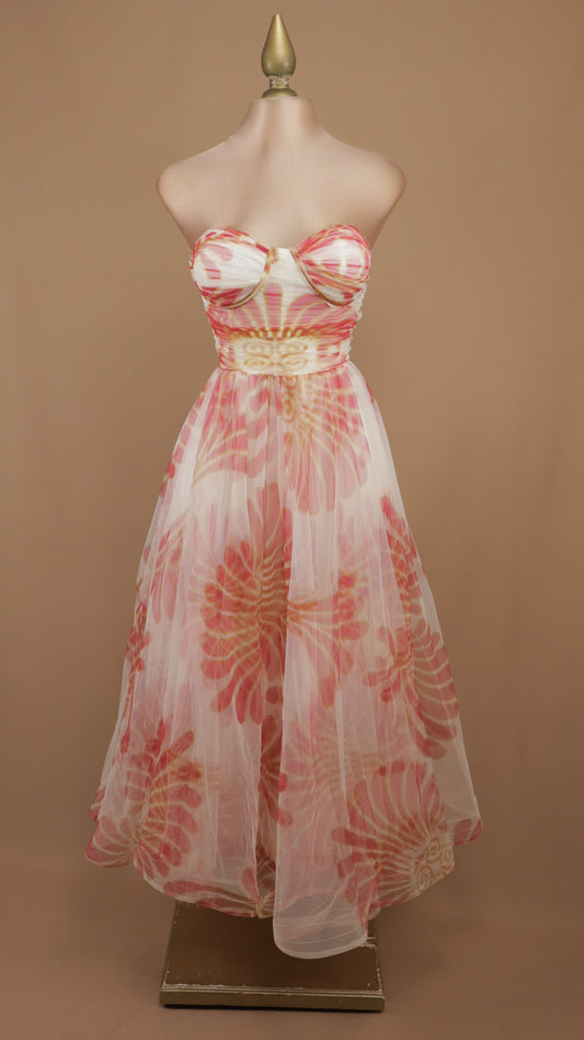 Vestido midi vintage de tull con escote bustier y estampado