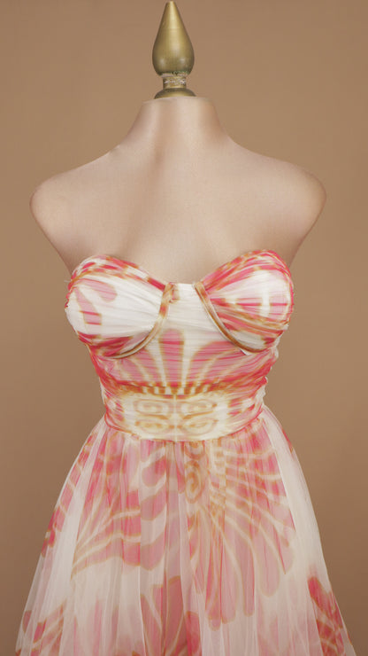 Vestido midi vintage de tull con escote bustier y estampado