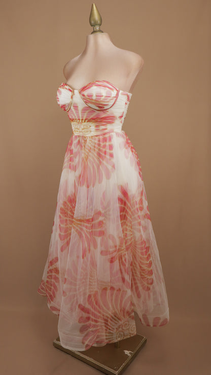 Vestido midi vintage de tull con escote bustier y estampado