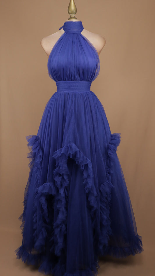 Vestido largo cuello halter de tull