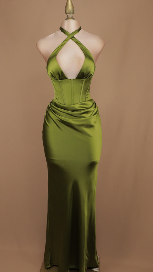 Vestido de gala satinado con top corsetero y cuello halter cruzado