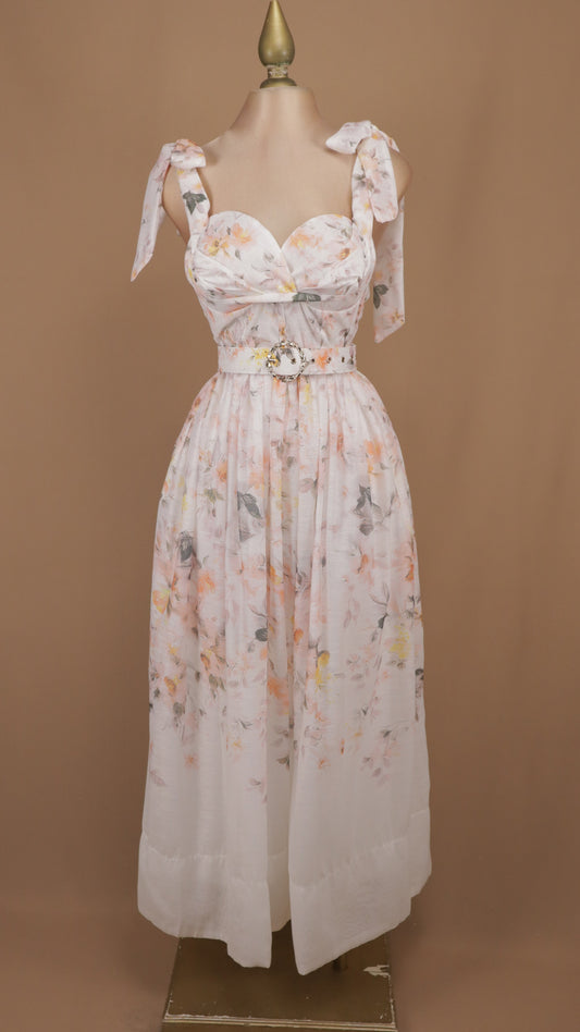 Vestido midi corsetero en lino soft con estampado floral romántico