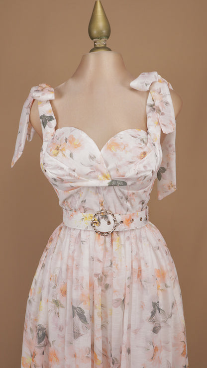 Vestido midi corsetero en lino soft con estampado floral romántico