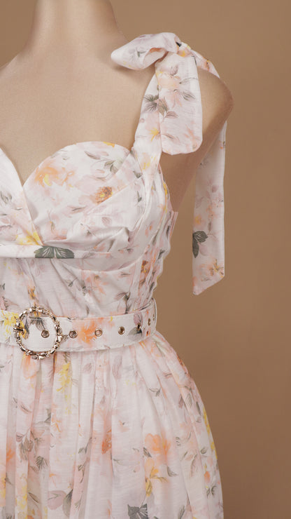 Vestido midi corsetero en lino soft con estampado floral romántico