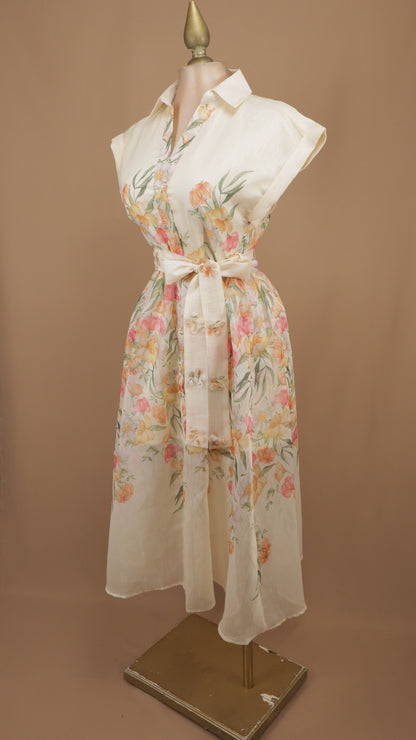 Vestido camisero midi de organza con estampado floral y cinturón de lazo