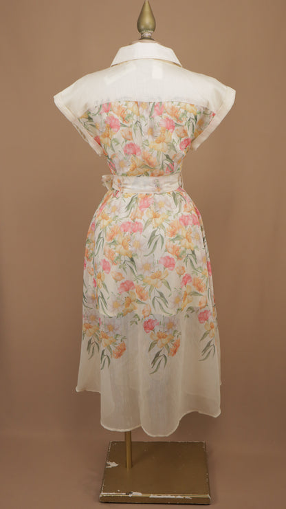 Vestido camisero midi de organza con estampado floral y cinturón de lazo