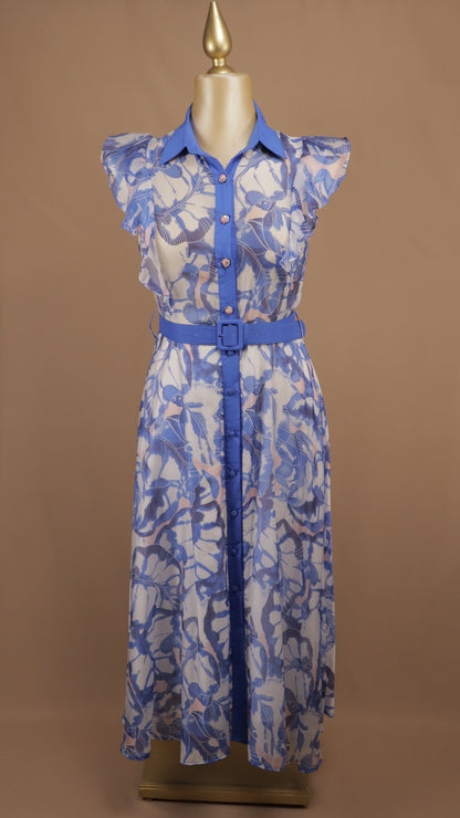 Vestido camisero midi de gasa con estampado botánico y cinturón