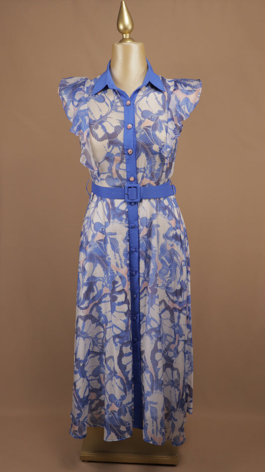Vestido camisero midi de gasa con estampado botánico y cinturón