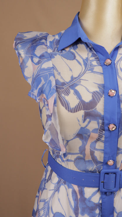 Vestido camisero midi de gasa con estampado botánico y cinturón