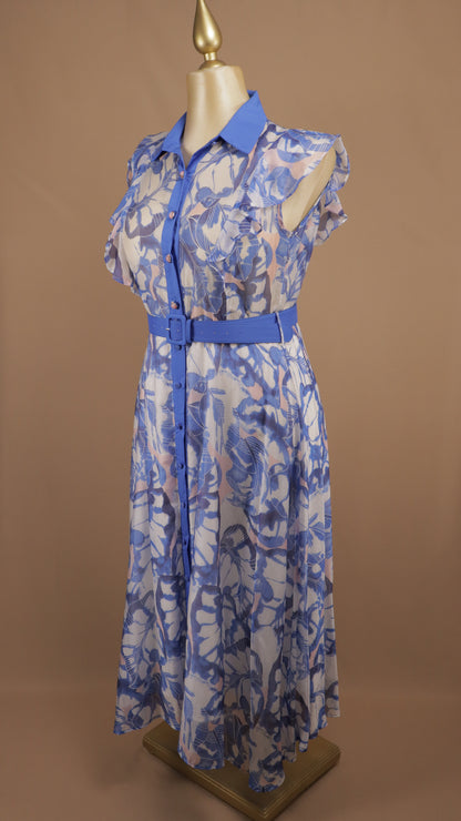 Vestido camisero midi de gasa con estampado botánico y cinturón