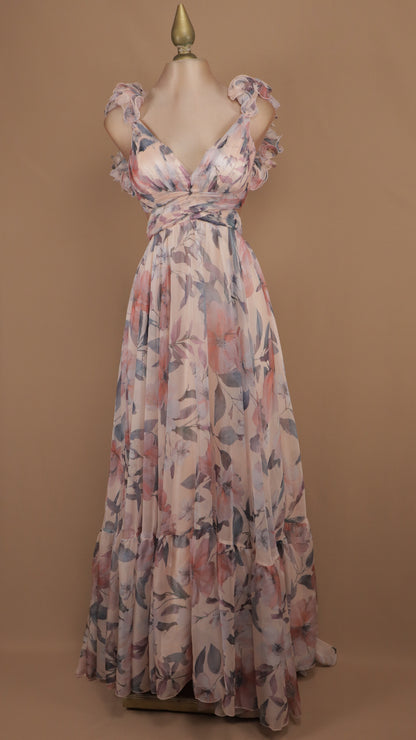 Vestido largo romántico de chifón floral con escote en V y tirantes con olanes
