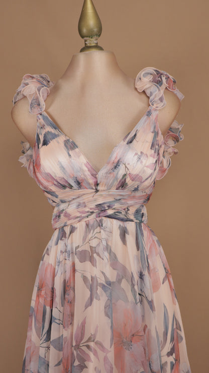 Vestido largo romántico de chifón floral con escote en V y tirantes con olanes