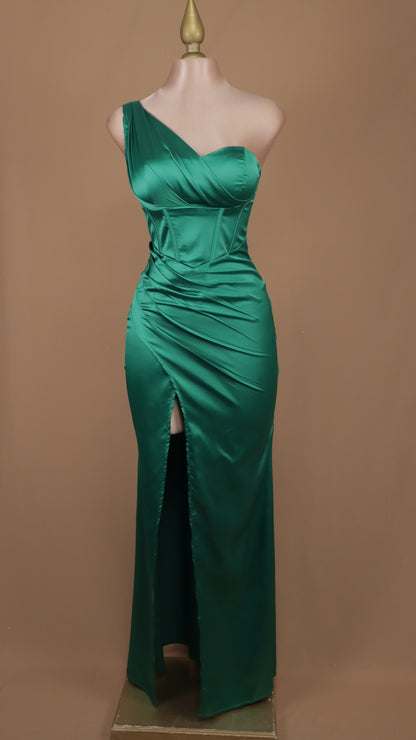 Vestido largo escote asimétrico satinado