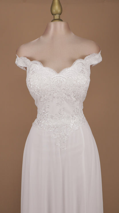 Vestido largo de novia con escote al hombro