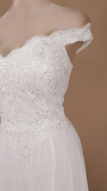 Vestido largo de novia con escote al hombro