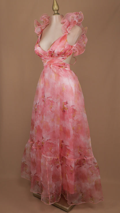 Vestido largo de organza con escote en cintura y espalda