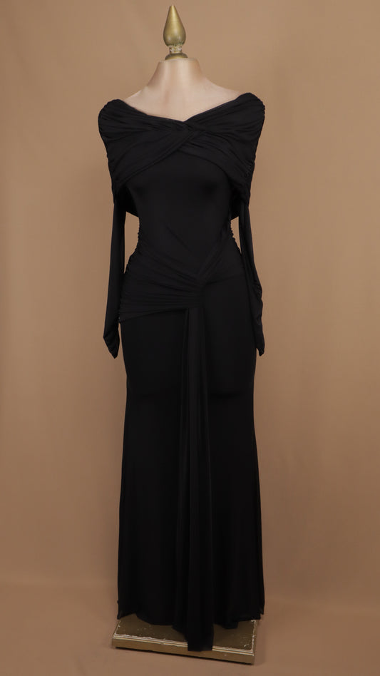 Vestido maxi de licra con escote bardot y cintura drapeada