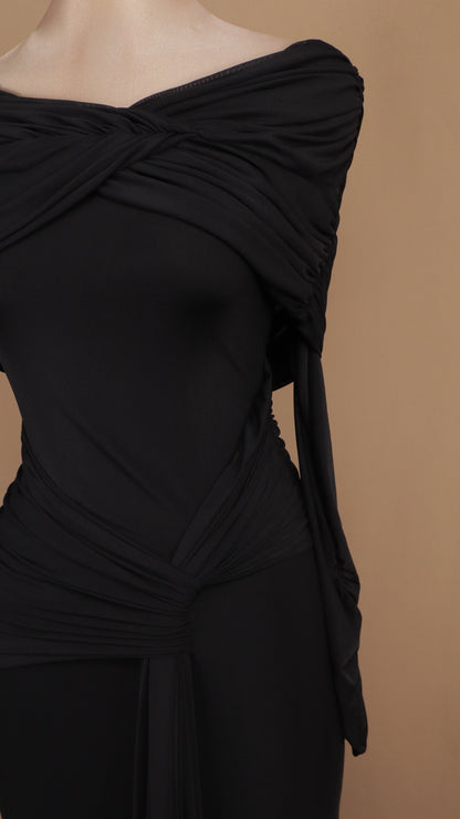Vestido maxi de licra con escote bardot y cintura drapeada