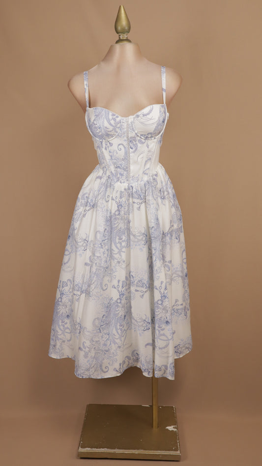 Vestido midi tipo corsé con estampado toile de jouy