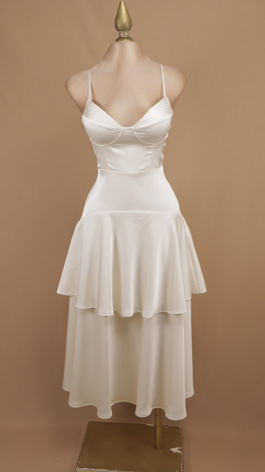 Vestido midi de satén Off-White tipo corsé con falda de doble capa