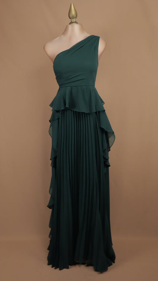 Vestido largo de gala asimétrico con falda plisada y peplum en capas