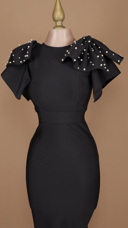 Vestido midi de bandage con perlas en hombros