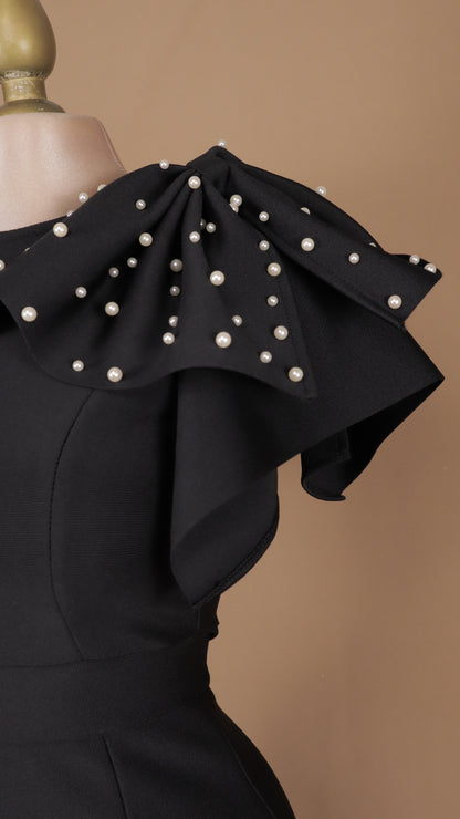 Vestido midi de bandage con perlas en hombros