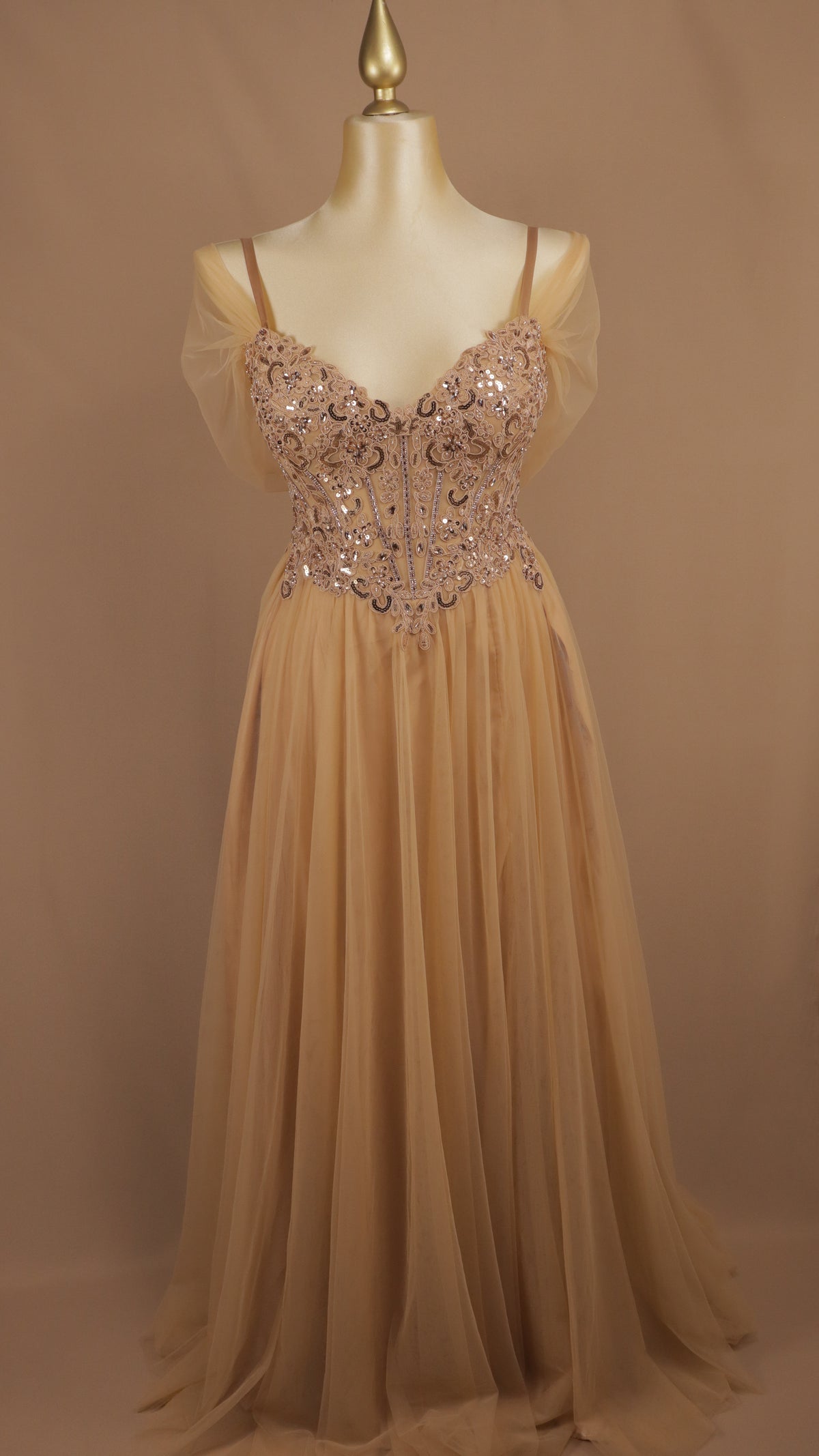 Vestido de gala plus de línea A romántico en tul de corsé bordado y mangas caídas
