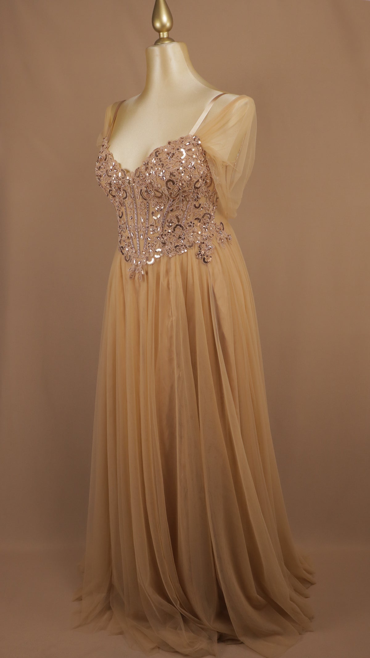 Vestido de gala plus de línea A romántico en tul de corsé bordado y mangas caídas
