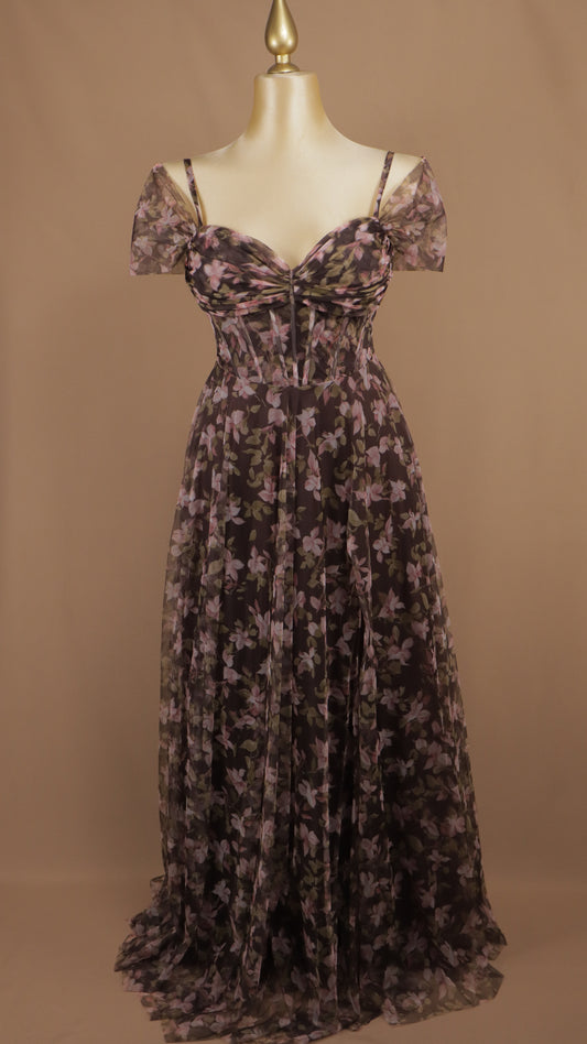 Vestido largo plus de gasa estilo corset estampado con hombros caídos
