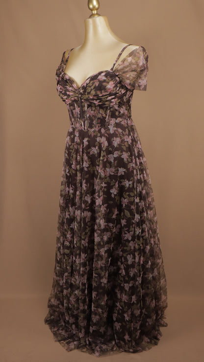 Vestido largo plus de gasa estilo corset estampado con hombros caídos