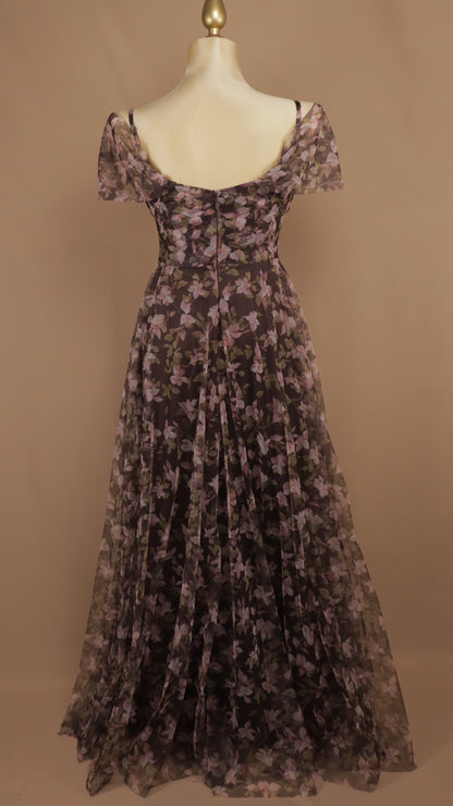 Vestido largo plus de gasa estilo corset estampado con hombros caídos