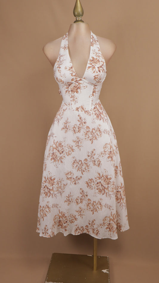 Vestido midi de estilo corsetero con escote halter y estampado floral toile de jouy