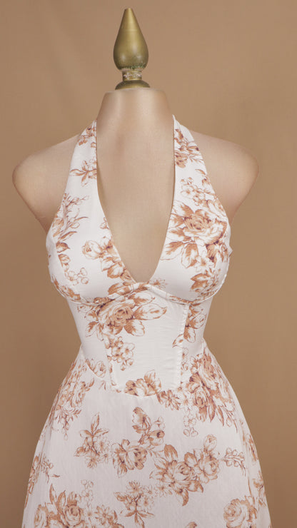 Vestido midi de estilo corsetero con escote halter y estampado floral toile de jouy