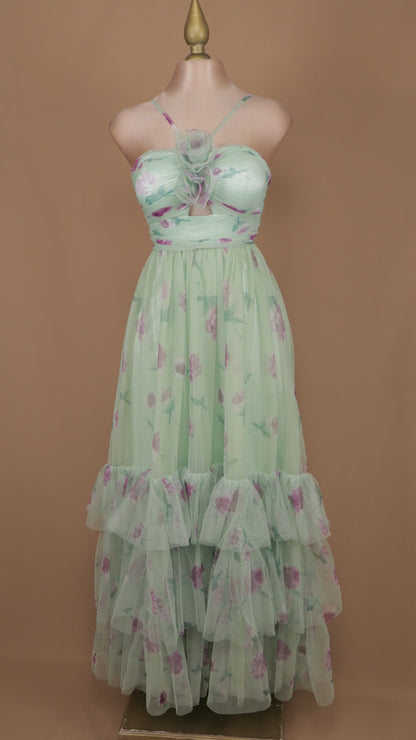 Vestido largo de tull estampado cuello halter
