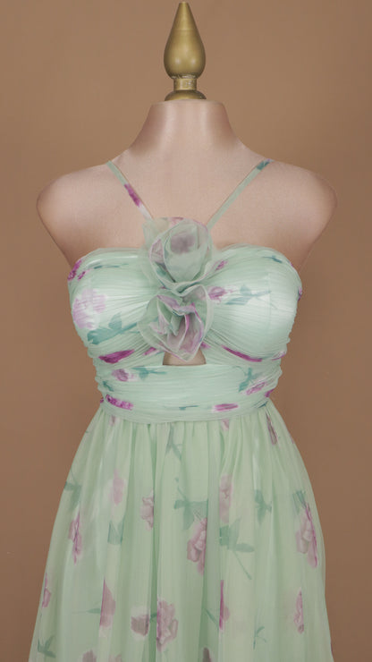 Vestido largo de tull estampado cuello halter