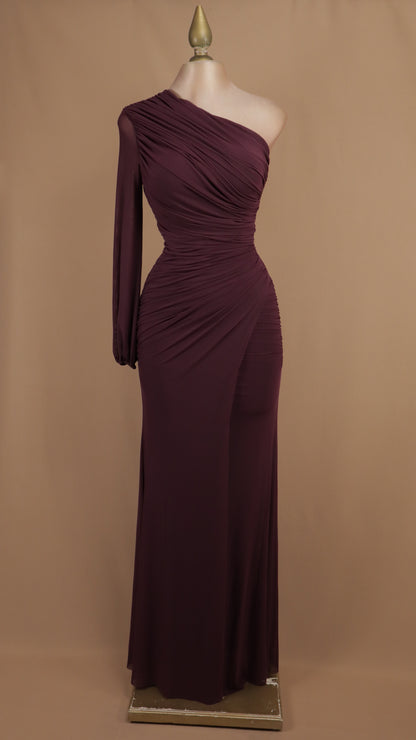 Vestido largo asimtrico manga larga corrugado