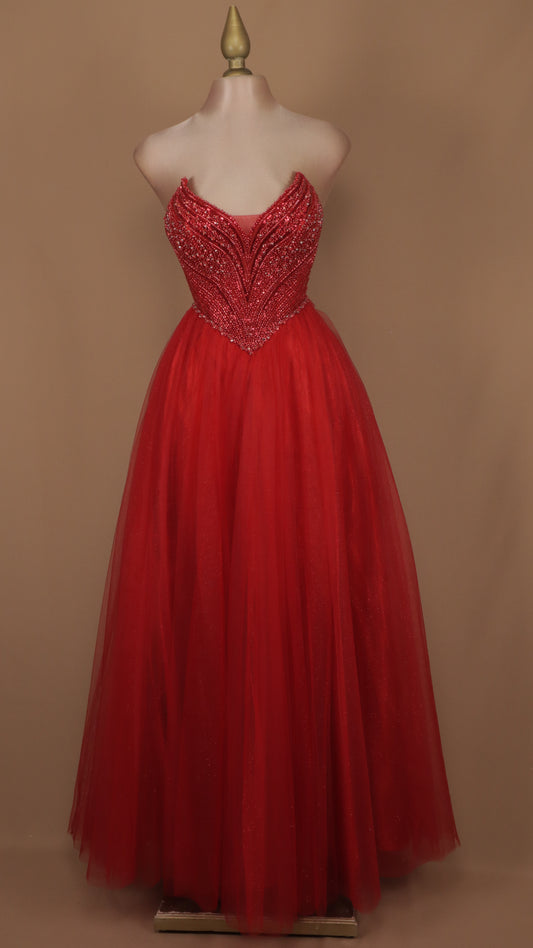 Vestido largo corte princesa estraple con aplicación