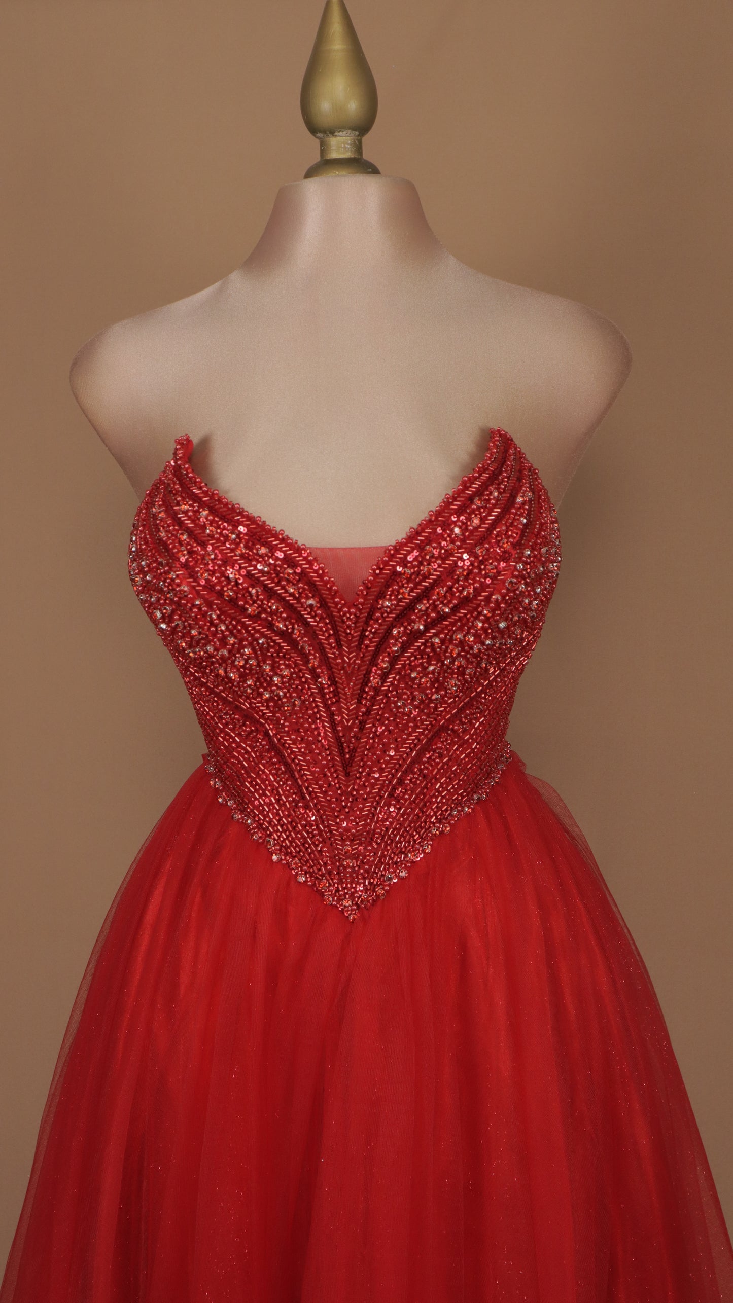 Vestido largo corte princesa estraple con aplicación
