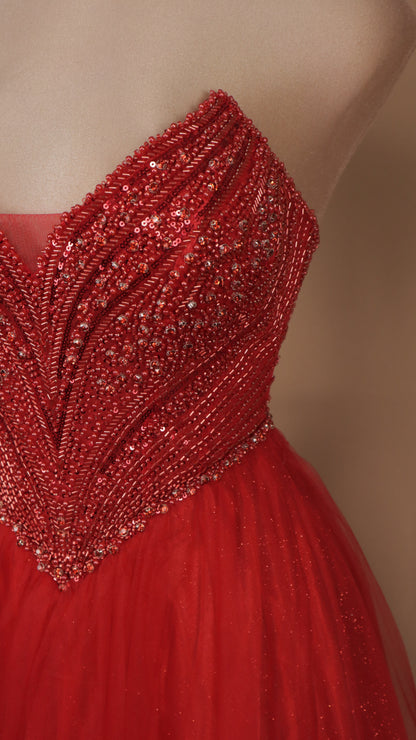 Vestido largo corte princesa estraple con aplicación