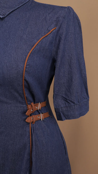 Vestido camisero maxi plus de mezclilla con detalles en contraste