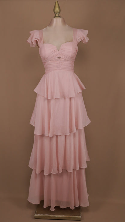 Vestido largo con olanes en falda y corset