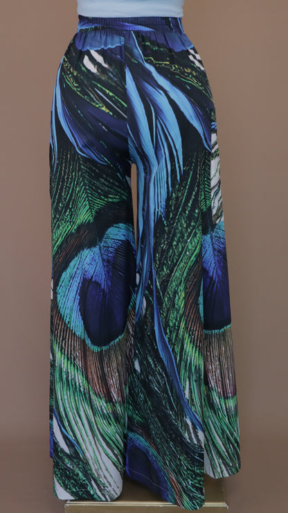 PANTALON CON ESTAMPADO DE PLUMAS DE PAVO REAL