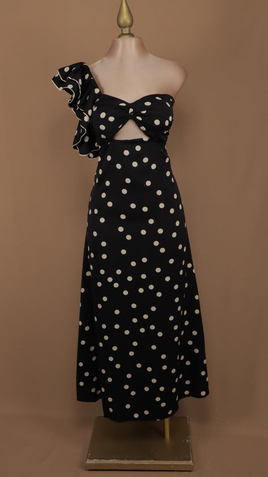 Vestido midi boleado escote asimétrico y en busto